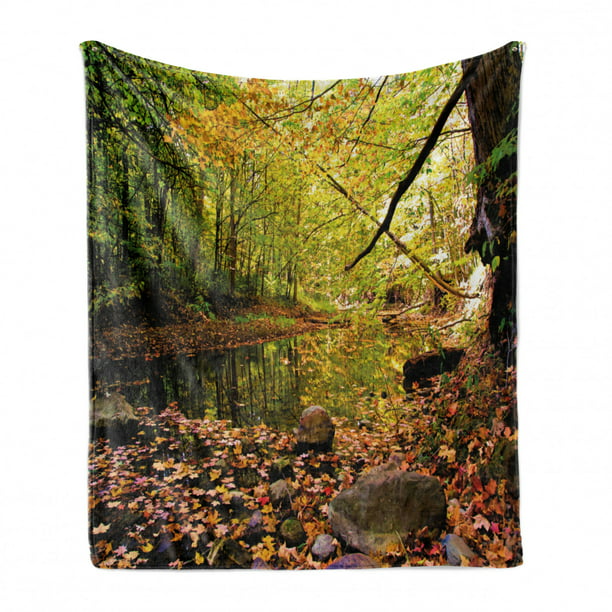Green Yellow Cinnamon Pine River in Fall Forest Faded Maple Leaves Deciduous Trees in Autumn 70 x 90 Cozy Plush for Indoor and Outdoor Use Ambesonne Landscape Soft Flannel Fleece Throw Blanket 